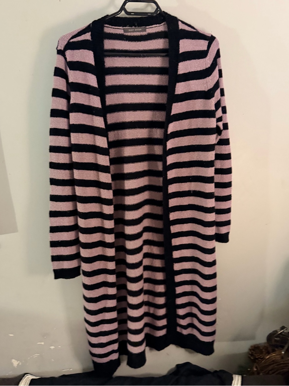 Suzy Shier purple black striped long cardigan